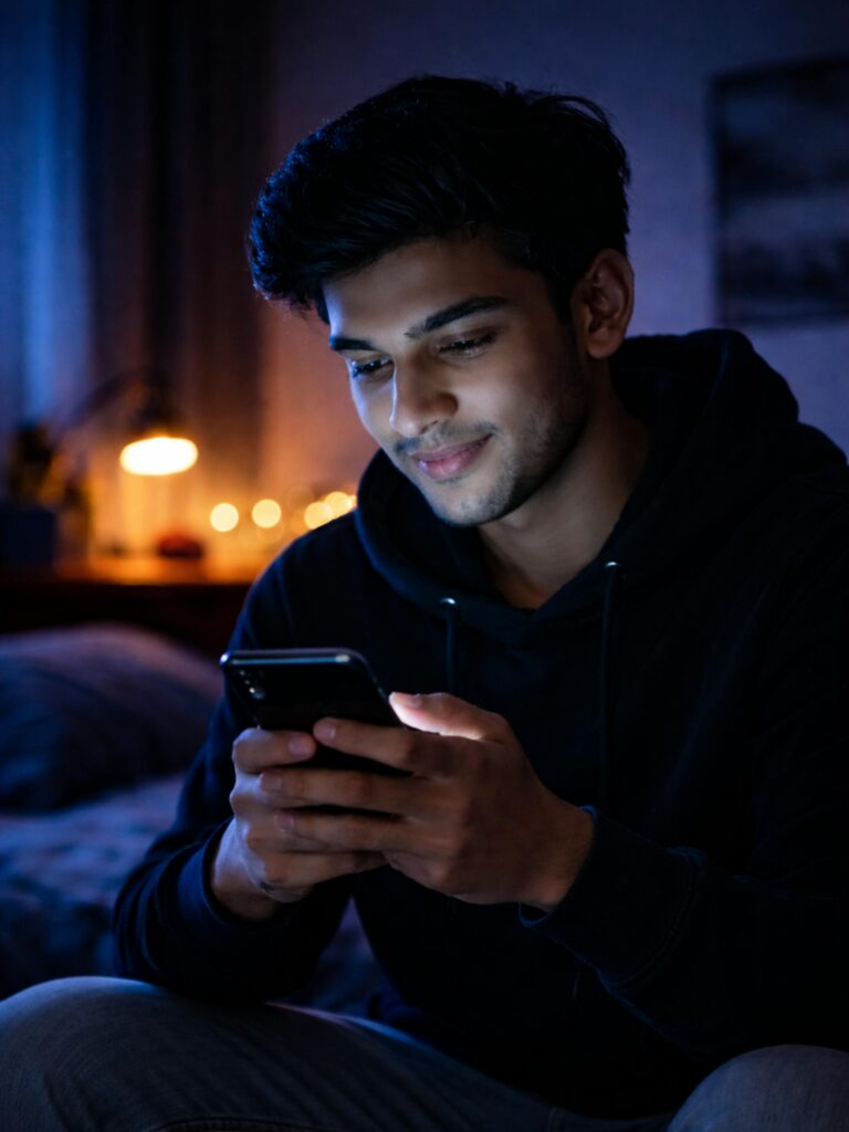 A young man in a dark room using his smartphone with soft, ambient lighting.